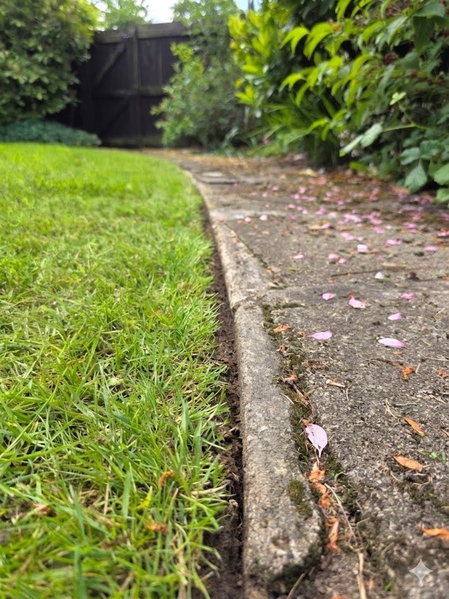 A clean lawn edge at the start of the cutting season, cherry blossom on the ground